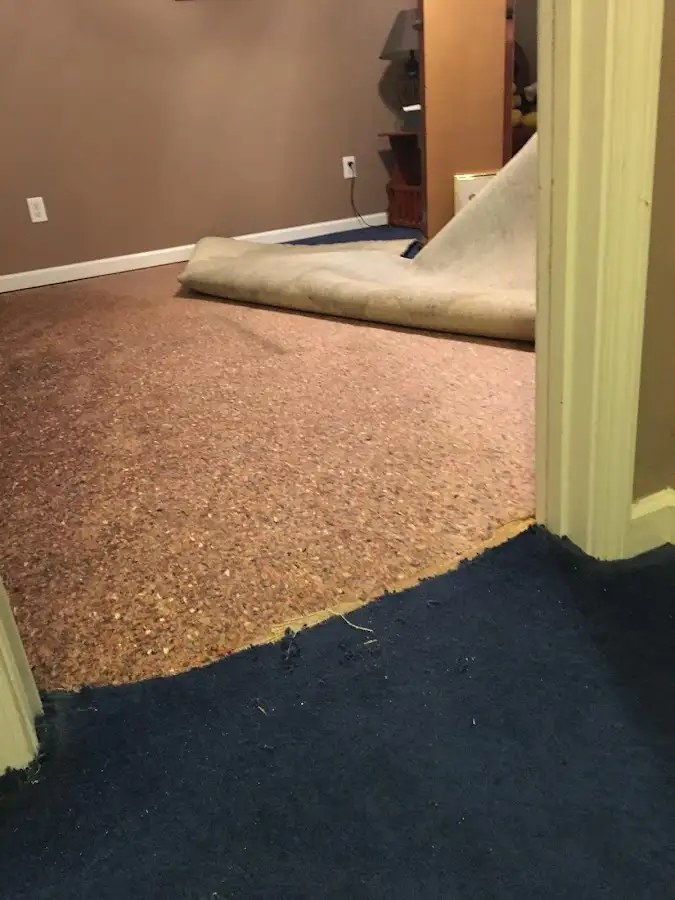 Carpet pad removal revealing water damage during Water Mitigation Services in Whitestown